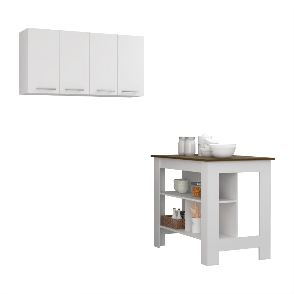 English Elm Burlingame Kitchen Island & Wall Cabinet Set in White-Walnut — 5 Shelves, 4 Doors, Spacious Prep Surface and Pantry Storage (2-Piece) B062S00191