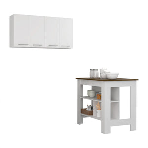 English Elm Burlingame Kitchen Island & Wall Cabinet Set in White-Walnut — 5 Shelves, 4 Doors, Spacious Prep Surface and Pantry Storage (2-Piece) B062S00191
