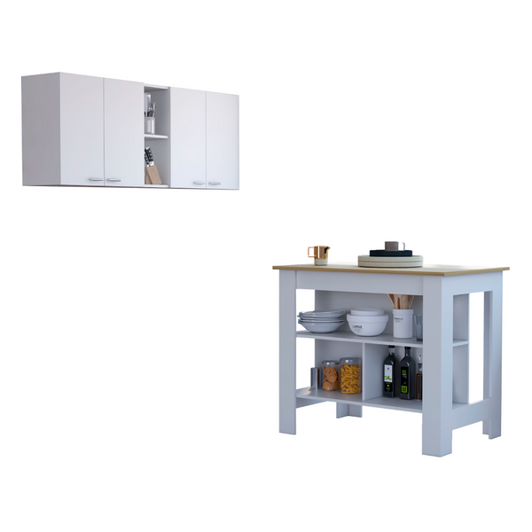 English Elm Sierra Kitchen Island & Wall Cabinet Set with Antibacterial Prep Surface, 7 Shelves, White Oak Finish B062S00204