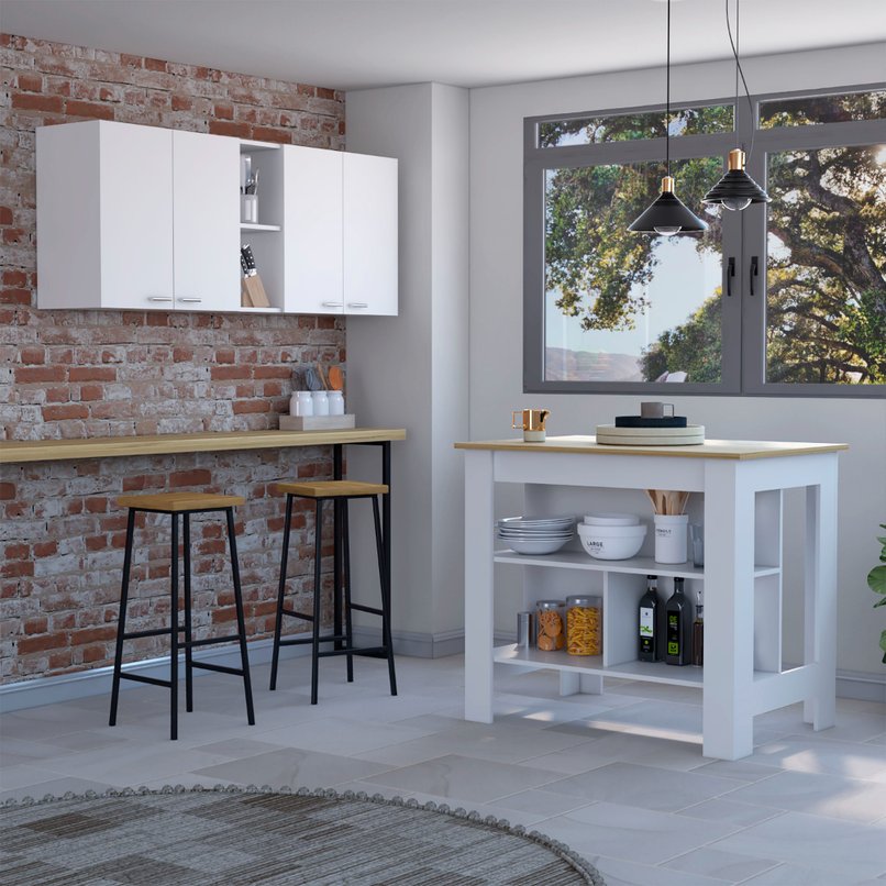 English Elm Sierra Kitchen Island & Wall Cabinet Set with Antibacterial Prep Surface, 7 Shelves, White Oak Finish B062S00204