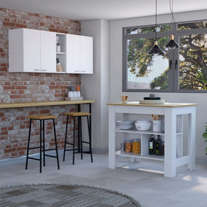 English Elm Sierra Kitchen Island & Wall Cabinet Set with Antibacterial Prep Surface, 7 Shelves, White Oak Finish B062S00204