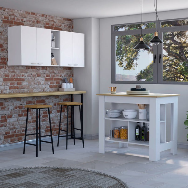 English Elm Sierra Kitchen Island & Wall Cabinet Set with Antibacterial Prep Surface, 7 Shelves, White Oak Finish B062S00204