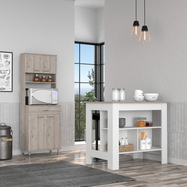 English Elm Newton Antibacterial 2-Piece Kitchen Set with Island & Pantry, 8 Shelves, Drawer, White/Gray Durable Prep Surface B062S00193