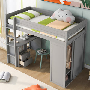 English Elm Wood Twin Loft Bed with Wardrobes & 2-Drawer Desk Cabinet Gray — Space-Saving Storage, Study Nook GX000332AAE