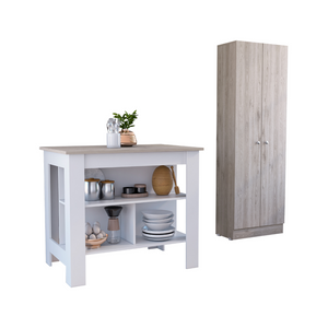 English Elm Roblar 2-Piece Kitchen Island & Pantry Set in White/Light Gray – Dual Prep Tops, 8 Shelves, Sturdy Storage B062S00196