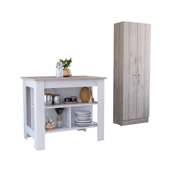English Elm Roblar 2-Piece Kitchen Island & Pantry Set in White/Light Gray – Dual Prep Tops, 8 Shelves, Sturdy Storage B062S00196