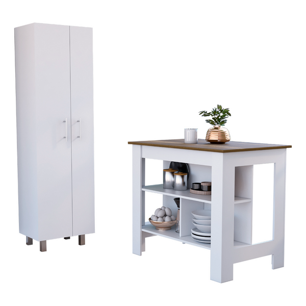 English Elm Hayne White-Walnut 2-Piece Kitchen Set with Island & Pantry, 9 Shelves, Ergonomic Storage Solution B062S00209