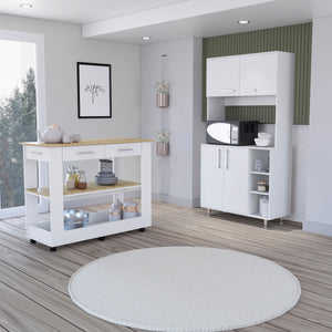 English Elm Nadina 4-Door 2-Drawer Kitchen Set with Island & Pantry in White and Light Oak, Spacious Storage and Workspace B062S00211