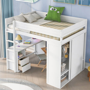 English Elm Wood Full Size Loft Bed with Integrated Wardrobe, 2-Drawer Desk & Cabinet for Space-Saving Rooms 78.4"L x 65"H White GX000333AAK