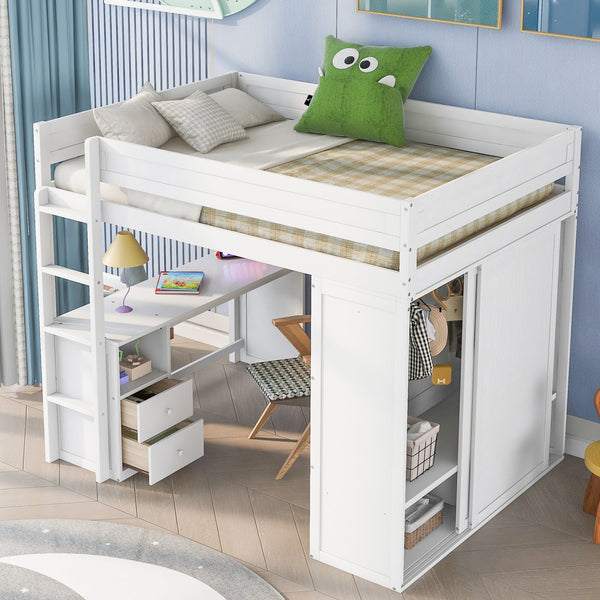 English Elm Wood Full Size Loft Bed with Integrated Wardrobe, 2-Drawer Desk & Cabinet for Space-Saving Rooms 78.4"L x 65"H White GX000333AAK
