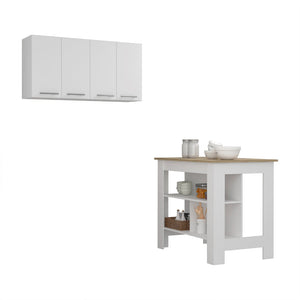 English Elm Burlingame Kitchen Island & Wall Cabinet Set — Antibacterial Prep Surface, 5 Shelves, 4 Doors, White Oak Finish B062S00201