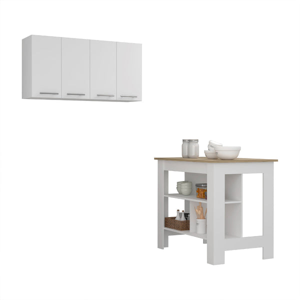 English Elm Burlingame Kitchen Island & Wall Cabinet Set — Antibacterial Prep Surface, 5 Shelves, 4 Doors, White Oak Finish B062S00201