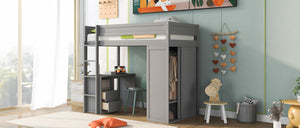 English Elm Wood Twin Loft Bed with Wardrobes & 2-Drawer Desk Cabinet Gray — Space-Saving Storage, Study Nook GX000332AAE