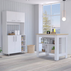 English Elm Ralston White & Light Oak 7-Shelf 4-Door Kitchen Island and Pantry Set — Stylish Prep & Storage Solution B062S00199