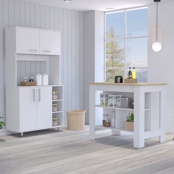 English Elm Ralston White & Light Oak 7-Shelf 4-Door Kitchen Island and Pantry Set — Stylish Prep & Storage Solution B062S00199