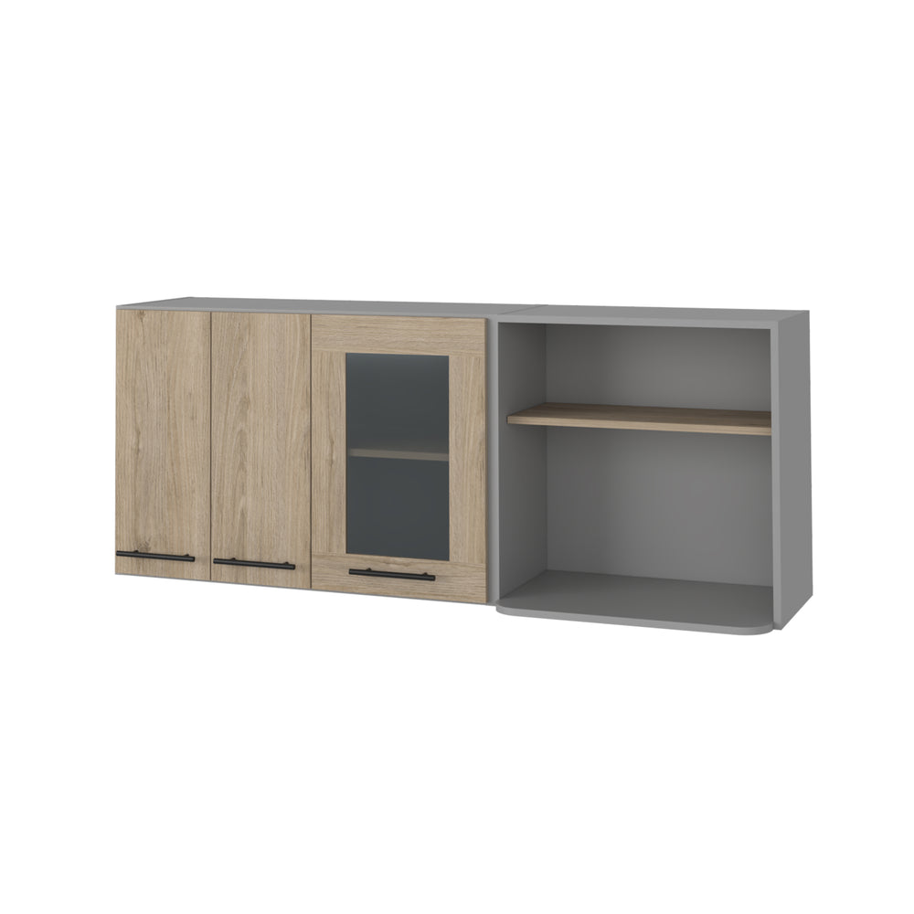 English Elm Devoux Light Pine 3-Door Wall Cabinet with Glass Door, 2 Shelves & Interior Rack for Kitchen Storage B062S00185