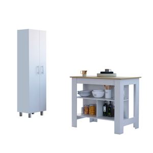 English Elm Hayne Kitchen Island & Pantry Set in White Light Oak — 9 Shelves, 2 Doors, Large Prep Surface and Storage B062S00197