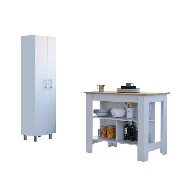 English Elm Hayne Kitchen Island & Pantry Set in White Light Oak — 9 Shelves, 2 Doors, Large Prep Surface and Storage B062S00197