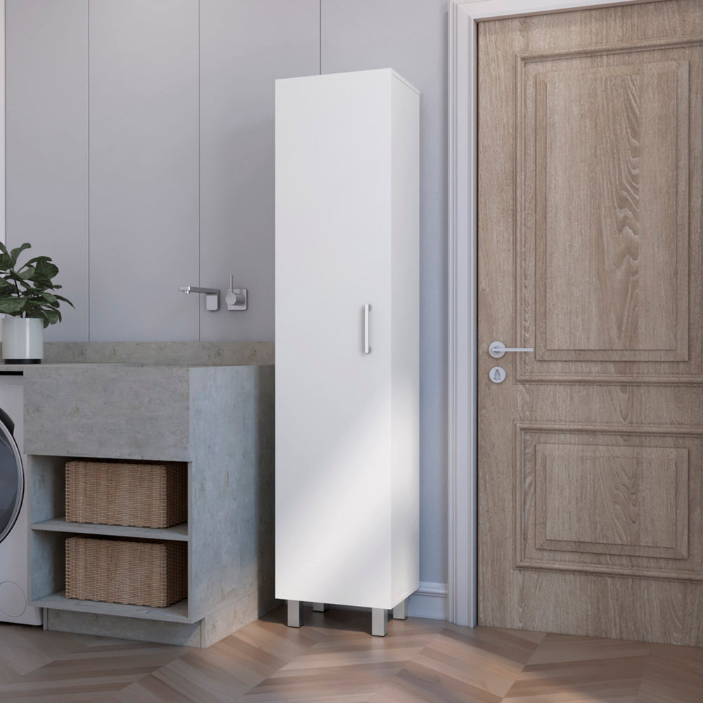 English Elm Stephan Slim 1-Door Tall Storage Cabinet White — 4 Wide Shelves, Broom Hangers, Metal Handles (70.9") B062103268