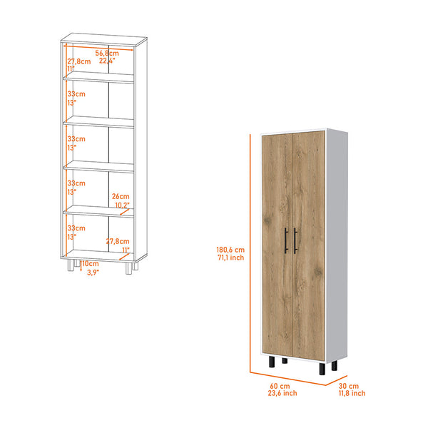 English Elm Fagan Tall 2-Door Pantry Cabinet with 5 Shelves, Slim White & Macadamia Design, Metal Handles B062103265