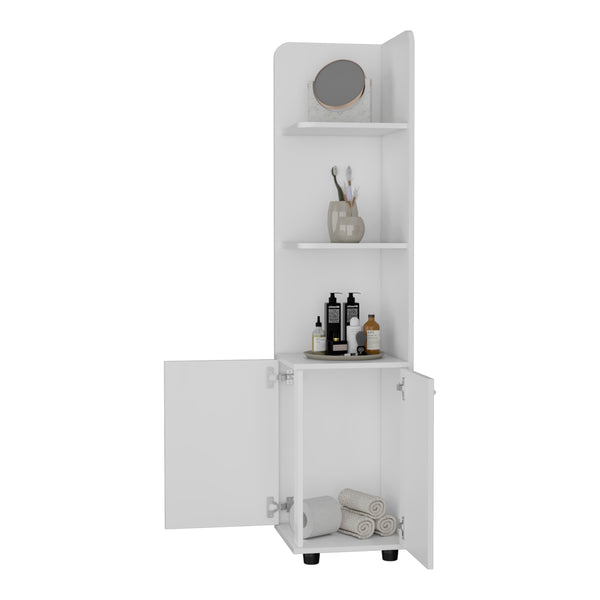 English Elm Klay Tall 2-Door 4-Shelf White Corner Storage Cabinet — Space-Saving Bathroom Organizer with Metal Handles and Ample Shelving B062103272