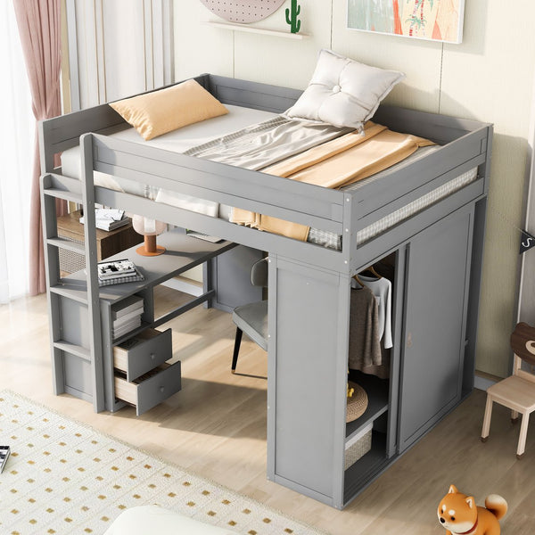 English Elm Wood Full Size Loft Bed with Integrated Wardrobe, 2-Drawer Desk & Cabinet for Space-Saving Rooms 78.4"L x 65"H Gray GX000333AAE
