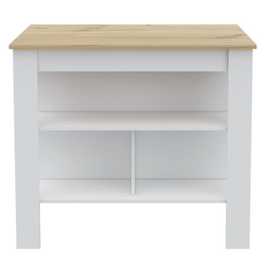 English Elm Hayne Kitchen Island & Pantry Set in White Light Oak — 9 Shelves, 2 Doors, Large Prep Surface and Storage B062S00197