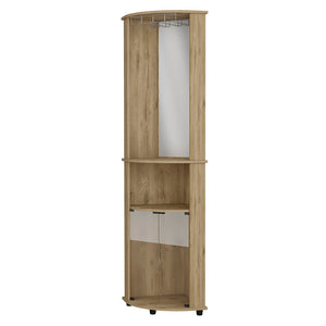 English Elm Kempwell Macadamia Corner Bar Cabinet with Mirrored Center, 2 Doors, Wine Rack & Glass Storage B062103273