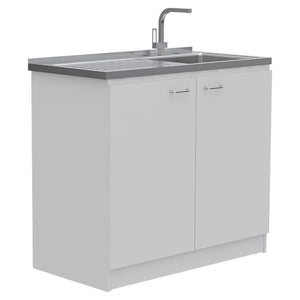 English Elm White Two Piece Laundry Room Set with Stainless Steel Sink Cabinet and Tall Pantry B062S00557