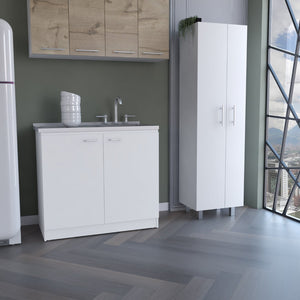 English Elm White Two Piece Laundry Room Set with Stainless Steel Sink Cabinet and Tall Pantry B062S00557