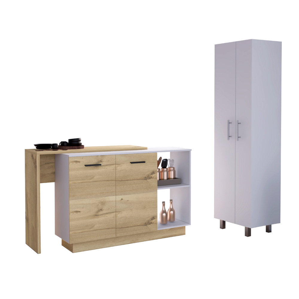 English Elm Crescent 7-Shelf 4-Door Kitchen Set with Island & Pantry, White/Light Oak, Spacious Prep and Storage (98) B062S00202