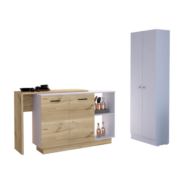 English Elm White Kitchen Set - Contemporary 4-Door Island & Pantry Cabinet For Stylish, Organized Spaces B062S00558-GIGA