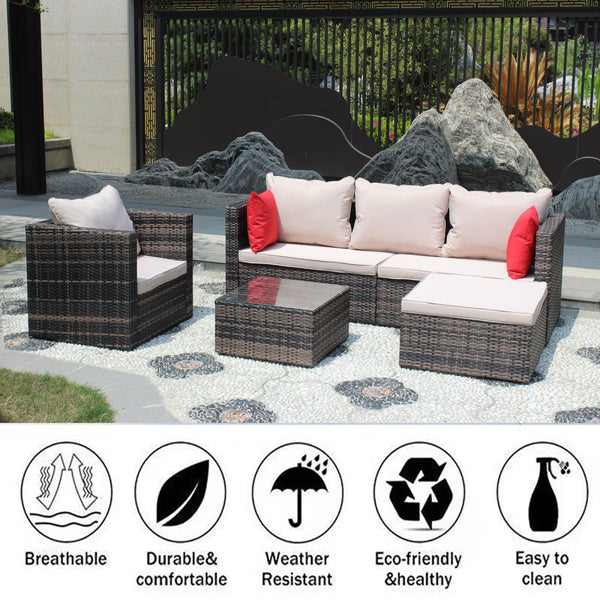 English Elm Rattan 4-Piece Brown Wicker Patio Sectional Set with Tempered Glass Table, Removable UV-Resistant Cushions W209S00002