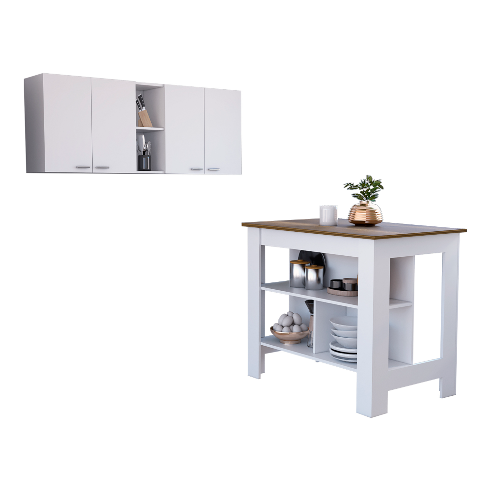 English Elm Sierra Modern 7-Shelf 4-Door Kitchen Set with Island & Wall Cabinet in White Walnut — Stylish Storage Bliss B062S00194