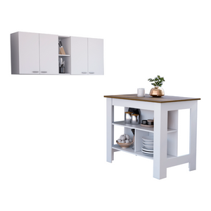 English Elm Sierra Modern 7-Shelf 4-Door Kitchen Set with Island & Wall Cabinet in White Walnut — Stylish Storage Bliss B062S00194