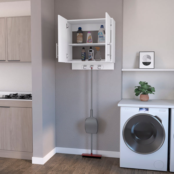 English Elm Carmelita Wall Storage Cabinet 2-Door 2-Shelf with 3 Broom Hangers White — Space-Saving Organizer B062103266