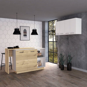 English Elm White Kitchen Island & Wall Cabinet Set with Light Oak Accents, 6 Doors, 4 Shelves, Prep Surfaces and Open Storage (59" Island, 47" Cabinet) B062S00207