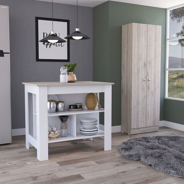 English Elm Roblar 2-Piece Kitchen Island & Pantry Set in White/Light Gray – Dual Prep Tops, 8 Shelves, Sturdy Storage B062S00196