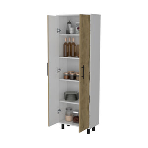 English Elm Fagan Tall 2-Door Pantry Cabinet with 5 Shelves, Slim White & Macadamia Design, Metal Handles B062103265