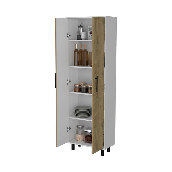English Elm Fagan Tall 2-Door Pantry Cabinet with 5 Shelves, Slim White & Macadamia Design, Metal Handles B062103265