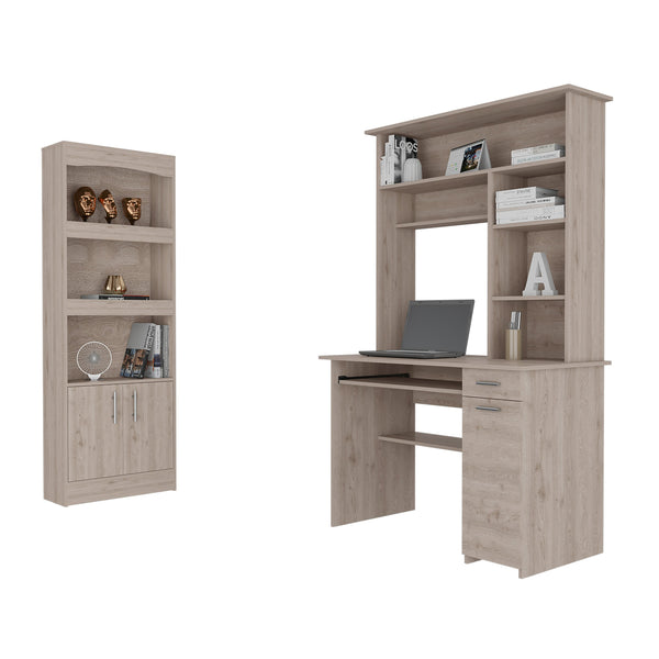 English Elm Light Gray 10-Shelf 4-Door 2-Piece Office Set Bookcase & Desk — Compact Storage, Drawer Space, Stylish Workstation B062S00188