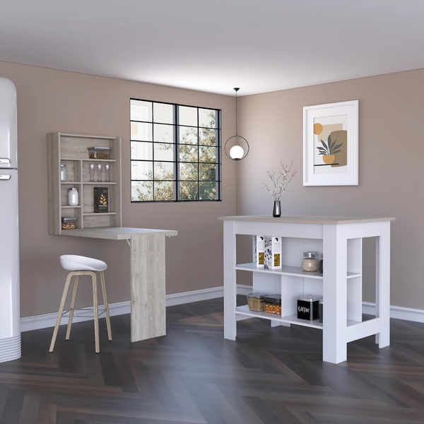English Elm Wilmington Kitchen Island & Foldable Table Set in White‑Light Oak Finish, 10 Shelves for Stylish Storage B062S00198