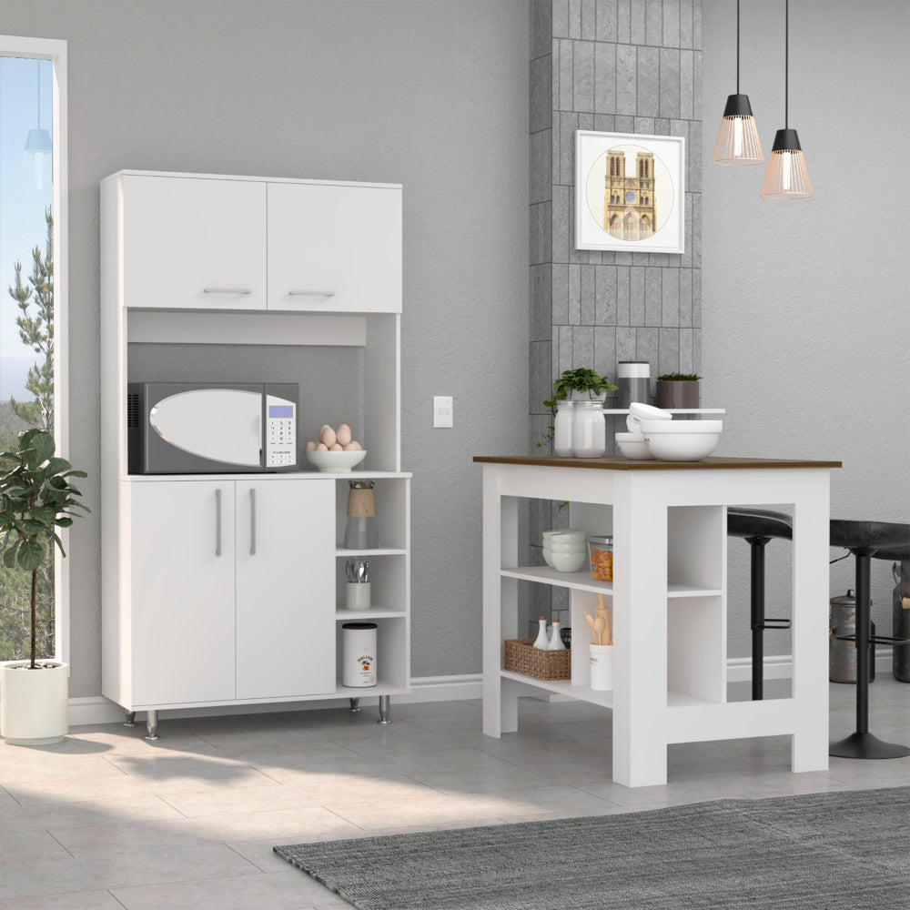 English Elm Ralston White-Walnut 7-Shelf 4-Door Kitchen Island & Pantry Set — Prep Surface, Microwave Space, Storage Solutions B062S00210