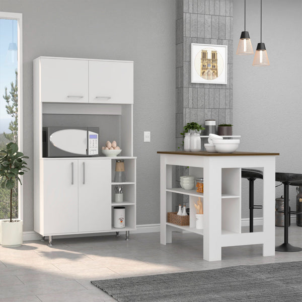 English Elm Ralston White-Walnut 7-Shelf 4-Door Kitchen Island & Pantry Set — Prep Surface, Microwave Space, Storage Solutions B062S00210