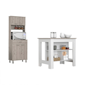 English Elm Newton Antibacterial 2-Piece Kitchen Set with Island & Pantry, 8 Shelves, Drawer, White/Gray Durable Prep Surface B062S00193