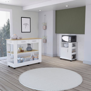 English Elm Tournament Kitchen Island & Cart Set White Light Oak — Mobile Storage, 6 Shelves, 2 Drawers, Spacious Counter B062S00203