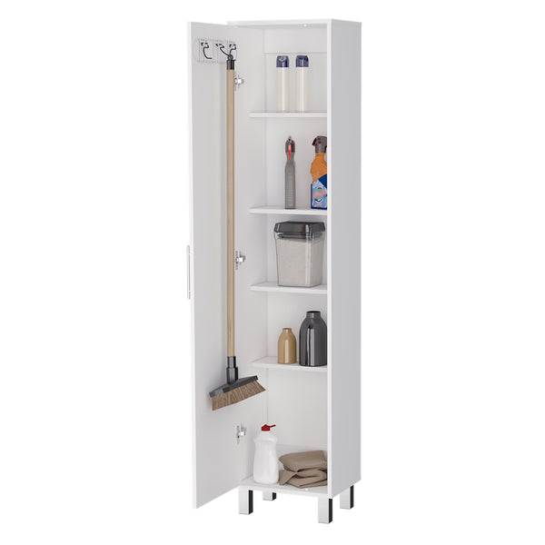 English Elm Andrews Slim 1-Door 5-Shelf Tall Storage Cabinet White — Space-Saving Organizing Unit with Broom Hangers, Metal Handle & Legs B062103263