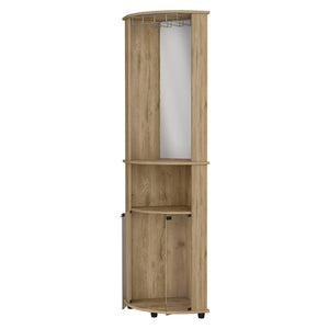 English Elm Kempwell Macadamia Corner Bar Cabinet with Mirrored Center, 2 Doors, Wine Rack & Glass Storage B062103273