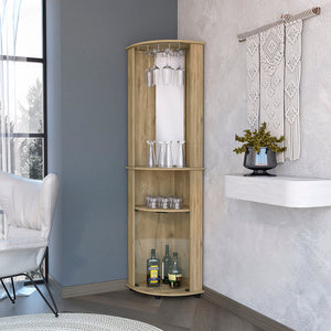 English Elm Kempwell Macadamia Corner Bar Cabinet with Mirrored Center, 2 Doors, Wine Rack & Glass Storage B062103273