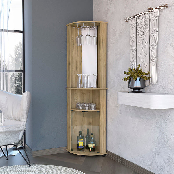English Elm Kempwell Macadamia Corner Bar Cabinet with Mirrored Center, 2 Doors, Wine Rack & Glass Storage B062103273